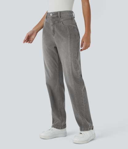 FlexHigh Waisted Zipper Pockets Washed Casual Jeans