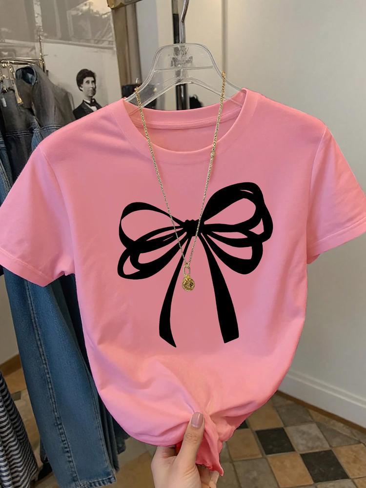 Girls Summer Fashion Bow Tie Print Short Sleeve T-Shirt, Casual Outdoor Wear, Comfortable Fit, Moderate Fabric, Perfect for Summer Activities, Cute bow tshirt
