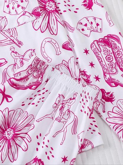 Women's 2-Piece Pajama Set, Hunter Boot Print, Holiday Party Sleepwear, Soft Shirt Collar Top & Elastic Pants, Casual Home Wear