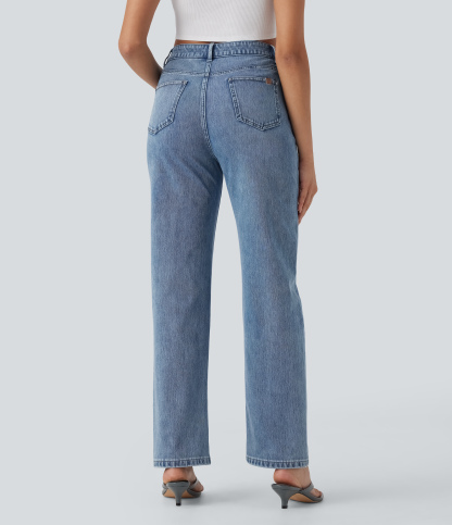 FlexHigh Waisted Zipper Pockets Straight Leg Casual Jeans