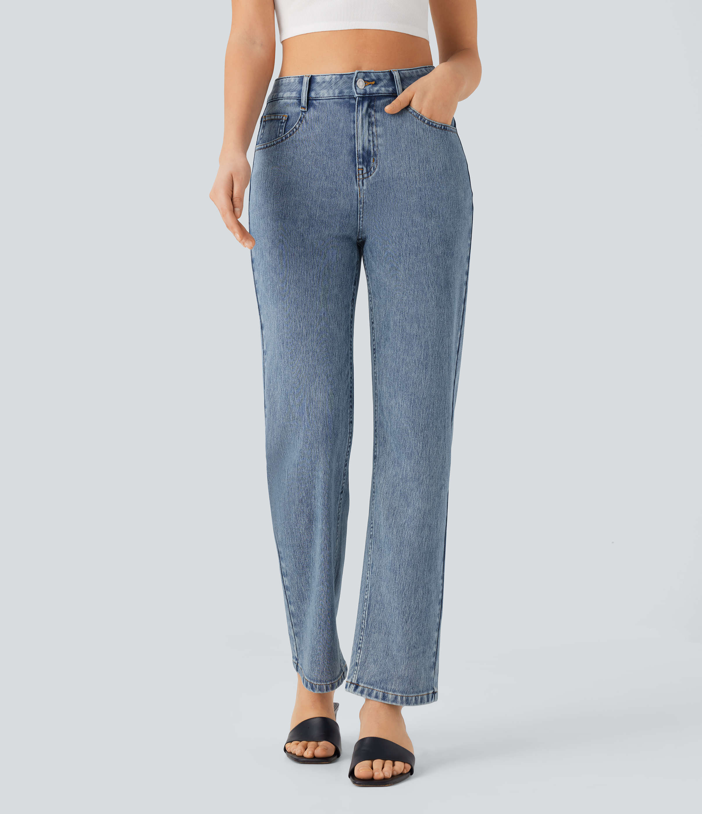 FlexHigh Waisted Zipper Pockets Straight Leg Casual Jeans