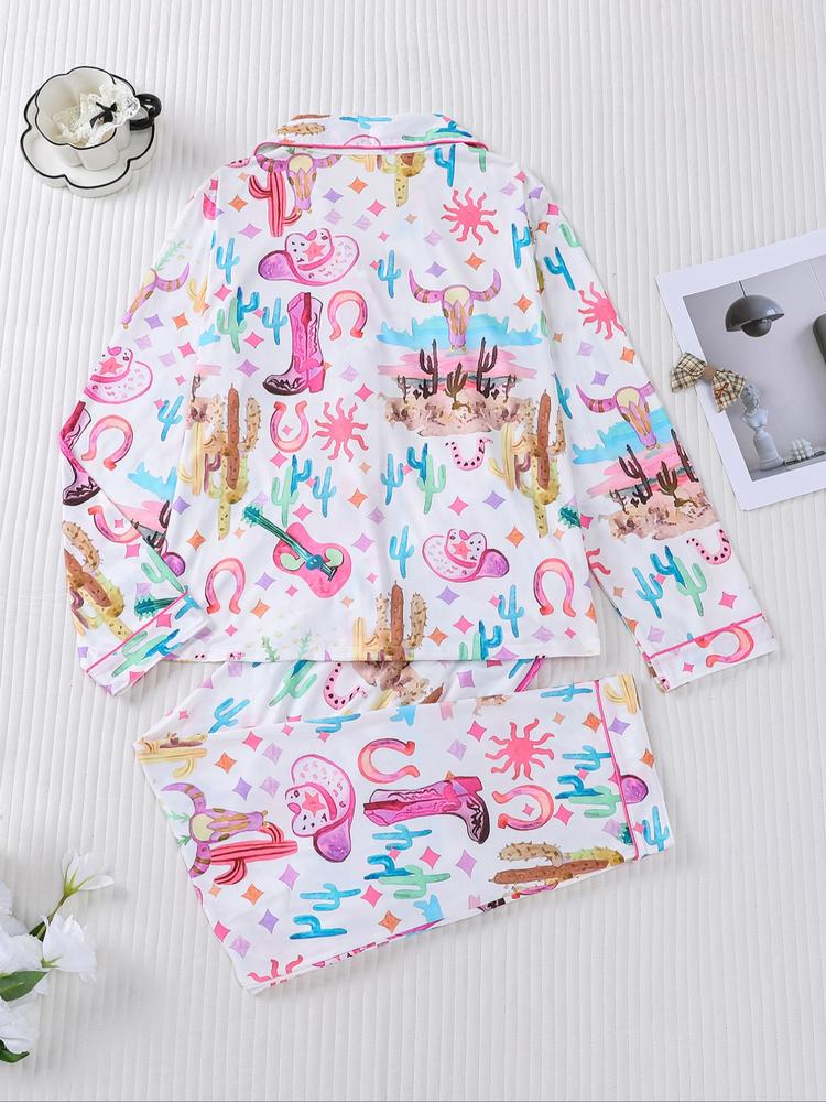 Women's Denim Pattern Pajama Set, Long Sleeve Shirt Collar Soft Top & Elastic Pants, Casual Home Wear for Fall Winter Holidays