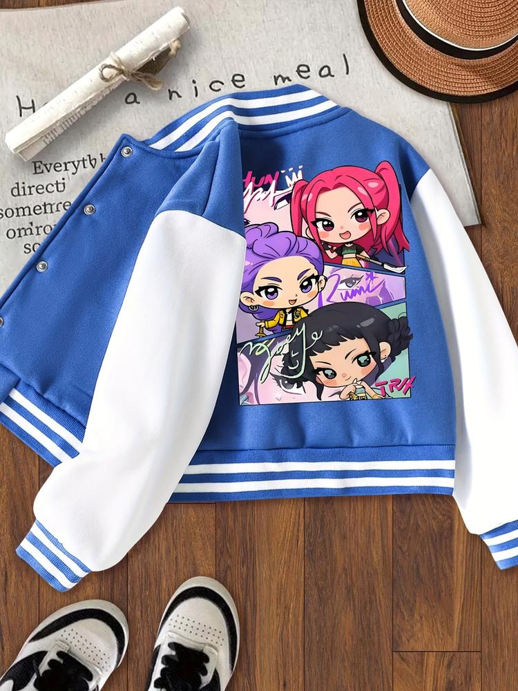 Girls' Halloween Christmas Short Baseball Jacket Coat, Kpop Hunter Design, Elastic Fabric, Fitted Style, Fall Winter Outdoor Indoor Sports Wear