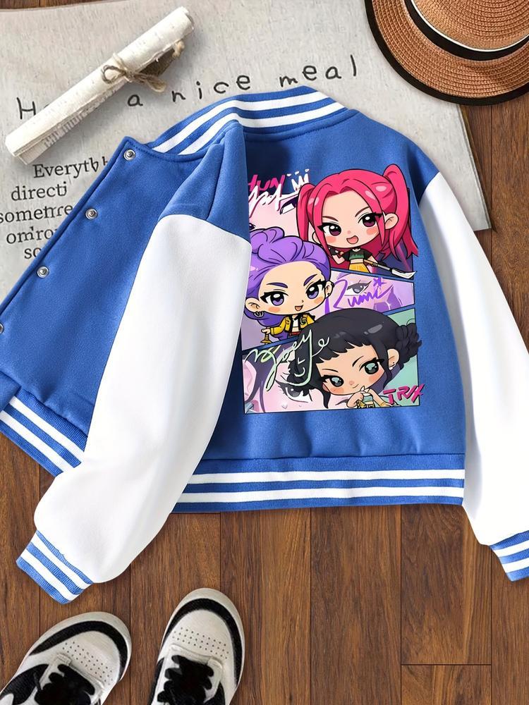 Girls' Halloween Christmas Short Baseball Jacket Coat, Kpop Hunter Design, Elastic Fabric, Fitted Style, Fall Winter Outdoor Indoor Sports Wear