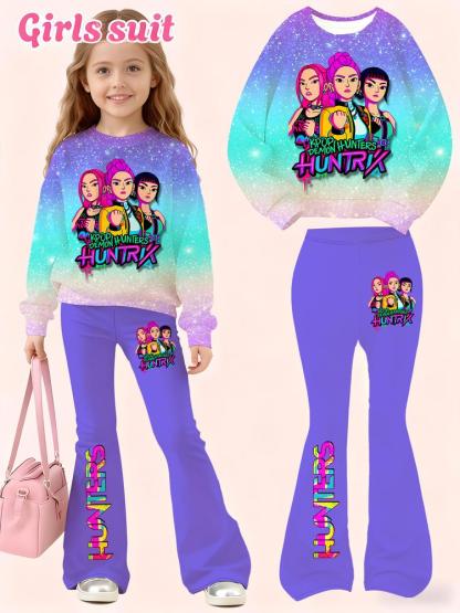 Girls Kpop Demon Hunters Set, Fall & Winter Comfort Fashion, Gradient Starry Sky Group Print Hoodie Bell Bottoms, Perfect Christmas Gift