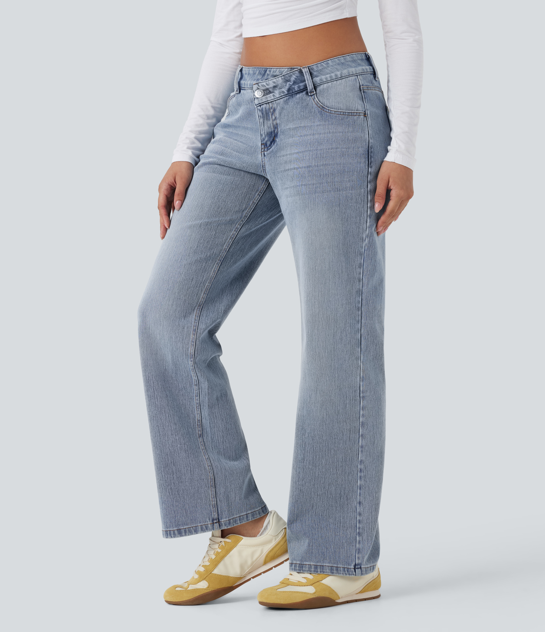 FlexAsymmetric Low Rise Straight Leg Casual Jeans with Pockets