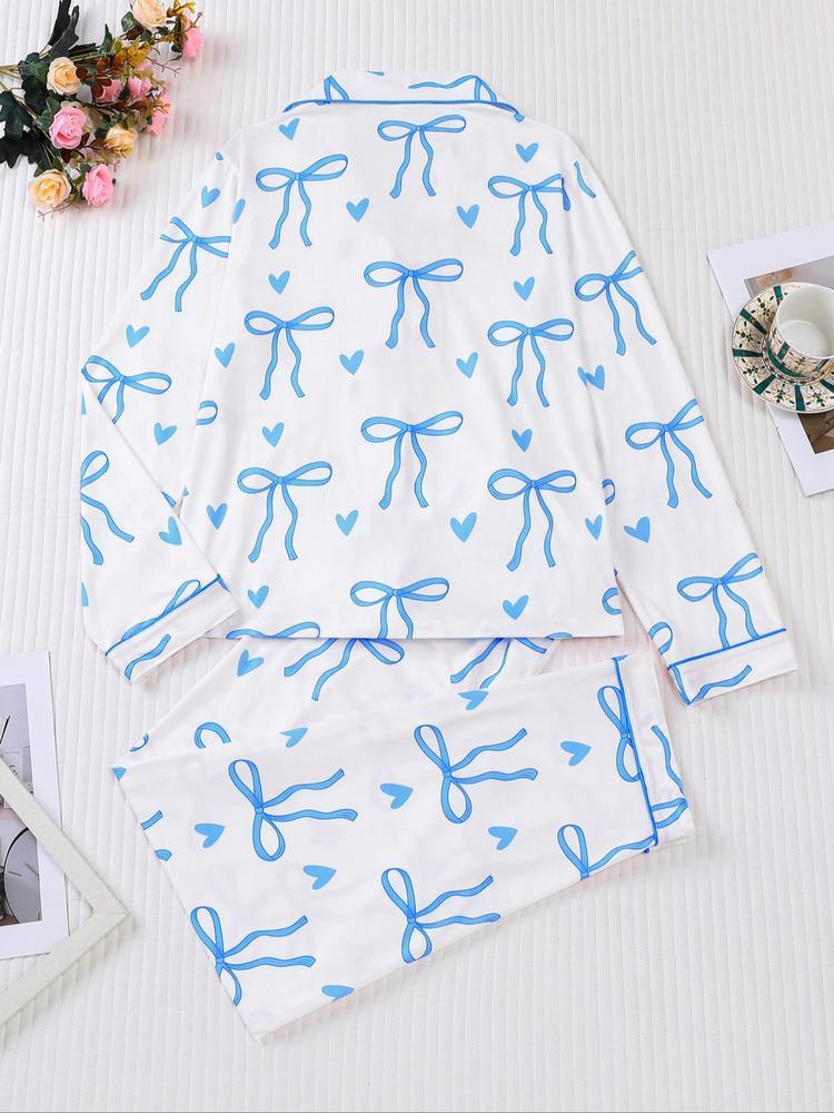 Women's 2-Piece Pajama Set, Bowknot Print, Holiday Party Sleepwear, Soft Shirt Collar Top & Elastic Pants, Casual Home Wear