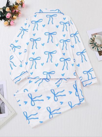 Women's 2-Piece Pajama Set, Bowknot Print, Holiday Party Sleepwear, Soft Shirt Collar Top & Elastic Pants, Casual Home Wear