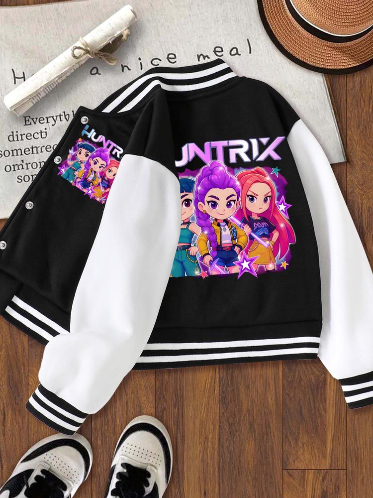 Halloween Girls Short Baseball Jacket, Casual Sports School Uniform, Elastic Fabric, Youth Fashion, Fall & Winter Outerwear