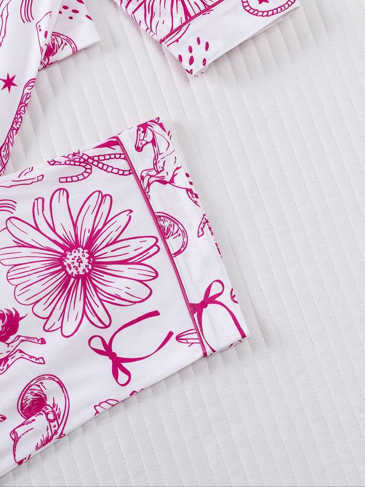 Women's 2-Piece Pajama Set, Hunter Boot Print, Holiday Party Sleepwear, Soft Shirt Collar Top & Elastic Pants, Casual Home Wear