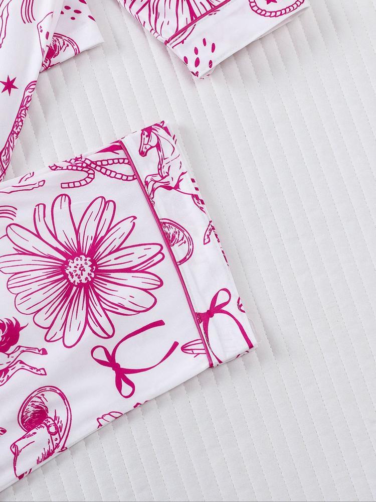 Women's 2-Piece Pajama Set, Hunter Boot Print, Holiday Party Sleepwear, Soft Shirt Collar Top & Elastic Pants, Casual Home Wear