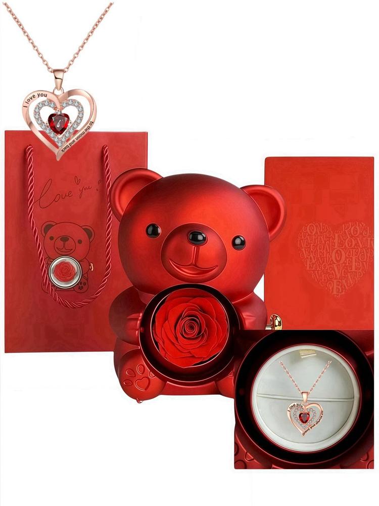 Women's Elegant Heart Design Pendant Necklace with Bear Shaped Rose Gifts Box, Exquisite Trendy Pendant Necklace, Chic Jewelry Set for Girlfriend