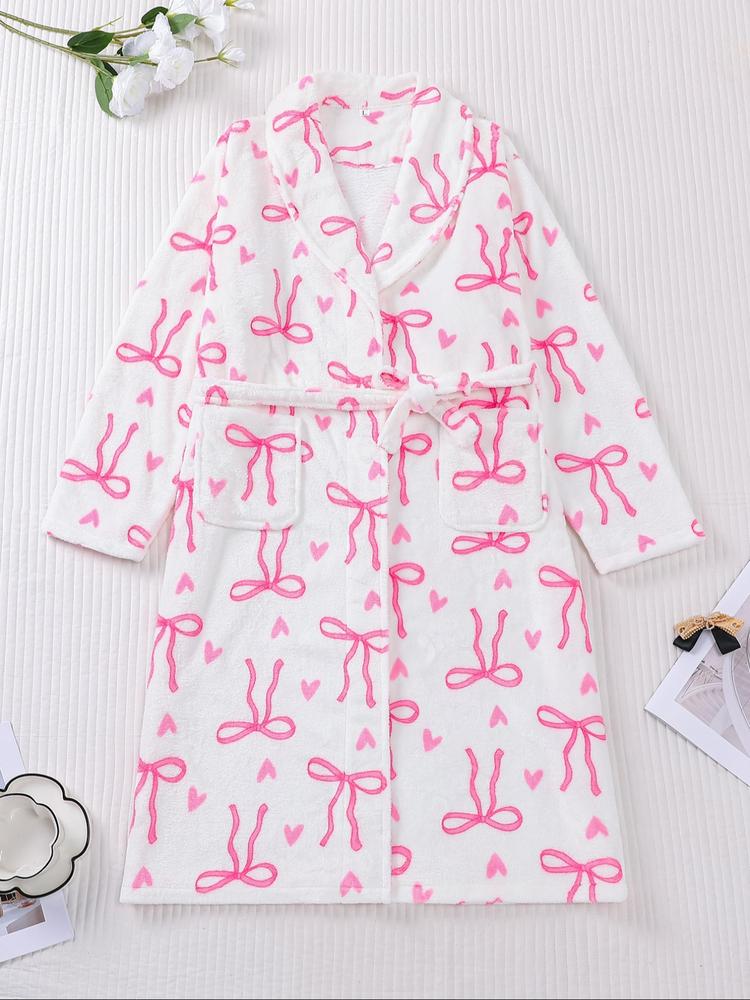 Women's Plush Flannel Robe, Butterfly Knot Print, Soft Comfortable Long Sleeve V Neck, Winter Fitted Home Wear, Holiday Party, Loungewear