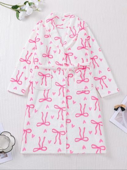 Women's Plush Flannel Robe, Butterfly Knot Print, Soft Comfortable Long Sleeve V Neck, Winter Fitted Home Wear, Holiday Party, Loungewear