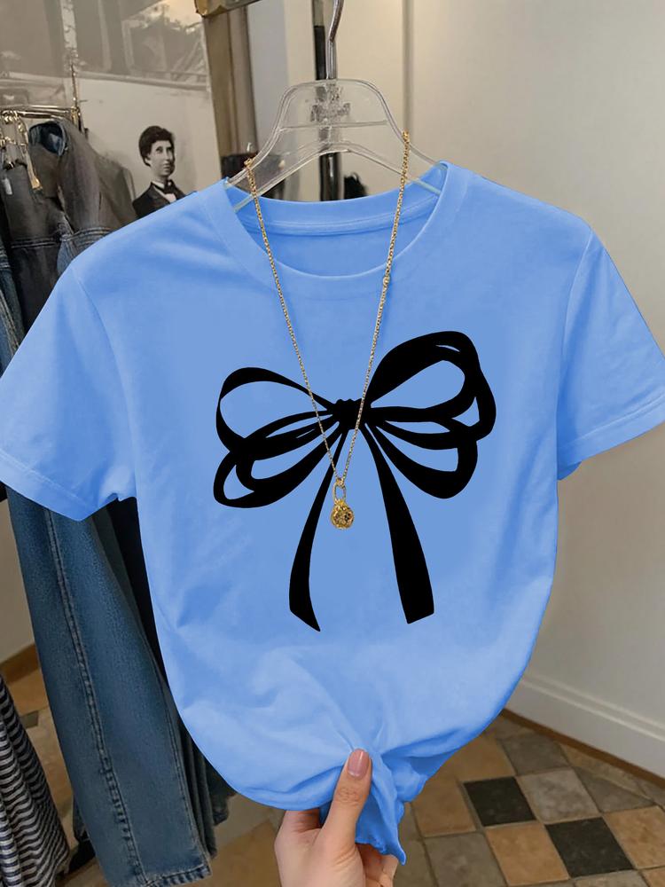 Girls Summer Fashion Bow Tie Print Short Sleeve T-Shirt, Casual Outdoor Wear, Comfortable Fit, Moderate Fabric, Perfect for Summer Activities, Cute bow tshirt