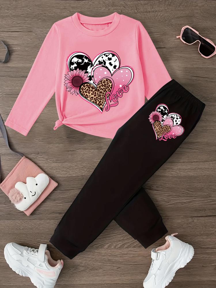 Girls' Leopard Heart Print Long Sleeve T-Shirt & Casual Sweatpants Set, Spring & Fall Fashion, Comfortable Kids Clothing Gift