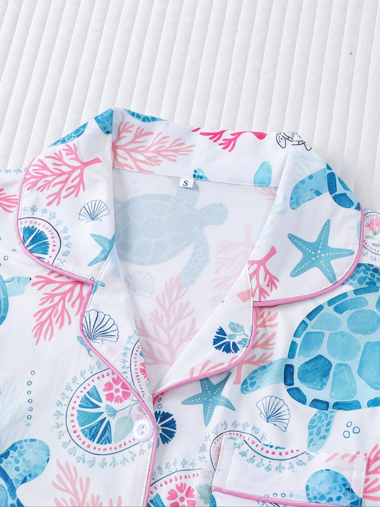 Women's 2-Piece Sleepwear Set, Turtle Print, Casual Fitted Long Sleeve Shirt & Elastic Pants, Soft Comfortable Home Wear Pajamas