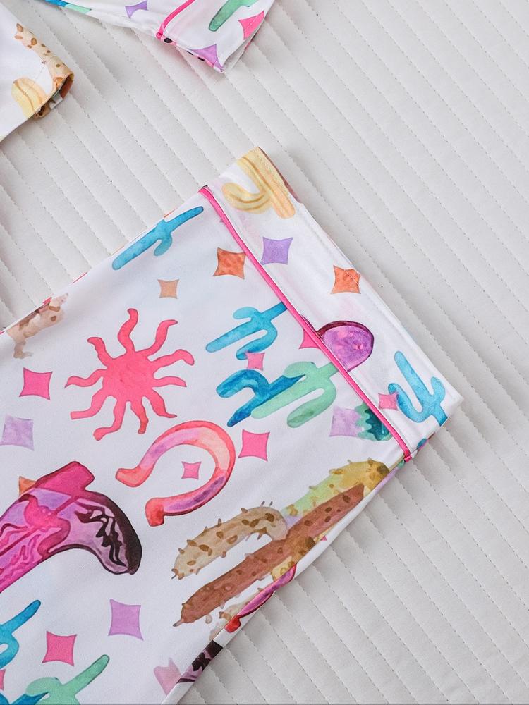 Women's Denim Pattern Pajama Set, Long Sleeve Shirt Collar Soft Top & Elastic Pants, Casual Home Wear for Fall Winter Holidays