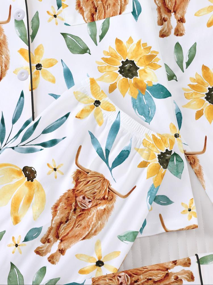 Women's Long Sleeve Sleepwear Set, Highland Cow & Sunflower Print, Soft Fabric, Elegant Casual, Comfortable Flap Collar Top