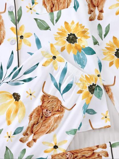 Women's Long Sleeve Sleepwear Set, Highland Cow & Sunflower Print, Soft Fabric, Elegant Casual, Comfortable Flap Collar Top
