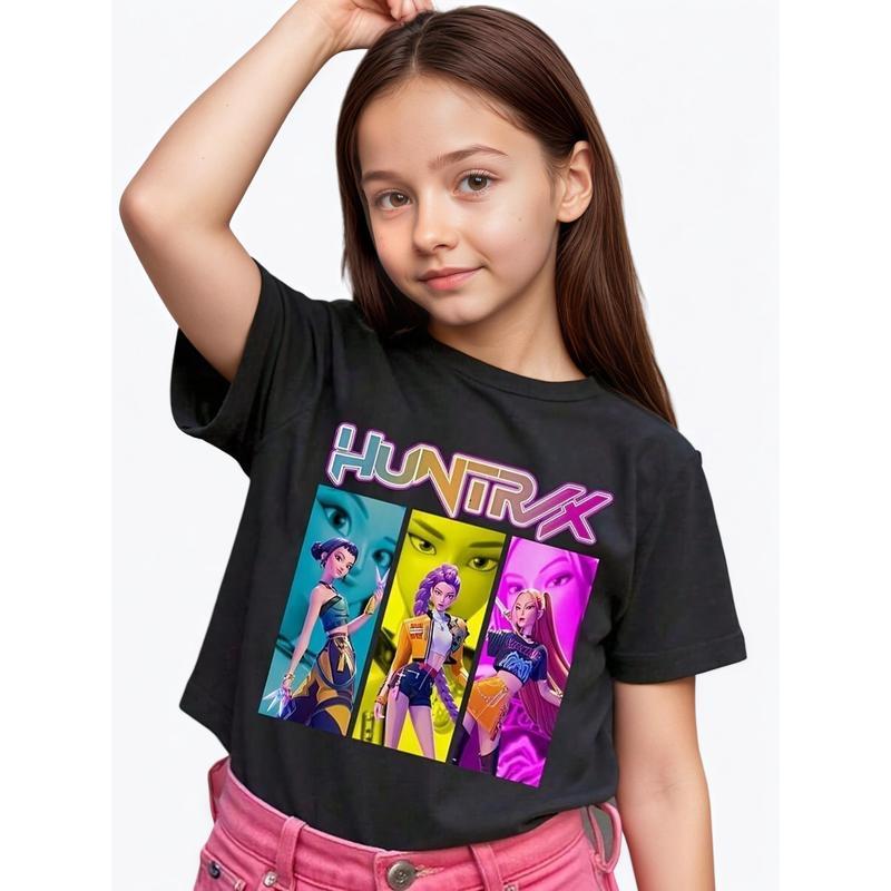 Back to school season, cotton graphic T-shirt for young girls and boys, "HUNTRX" Rumi & Zoey & Mira, black summer shirt with colorful cartoon pattern, gift for KPOP fans, round neck short sleeve T-shirt, fun, 100% cotton, machine washable