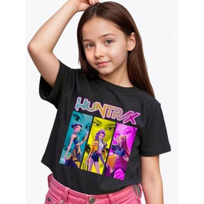 Back to school season, cotton graphic T-shirt for young girls and boys, "HUNTRX" Rumi & Zoey & Mira, black summer shirt with colorful cartoon pattern, gift for KPOP fans, round neck short sleeve T-shirt, fun, 100% cotton, machine washable