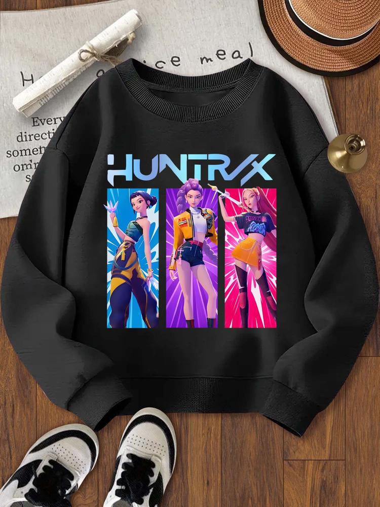 Girls' Cartoon Print Loose-Fit Casual Sweatshirt, Elastic Fabric Fall Wear, Outdoor Indoor Activities, Graphic Print Sweater