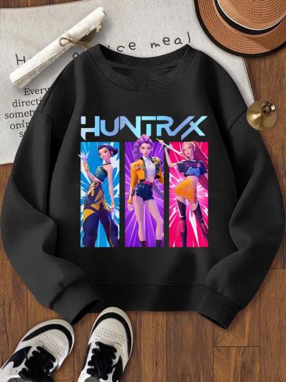 Girls' Cartoon Print Loose-Fit Casual Sweatshirt, Elastic Fabric Fall Wear, Outdoor Indoor Activities, Graphic Print Sweater