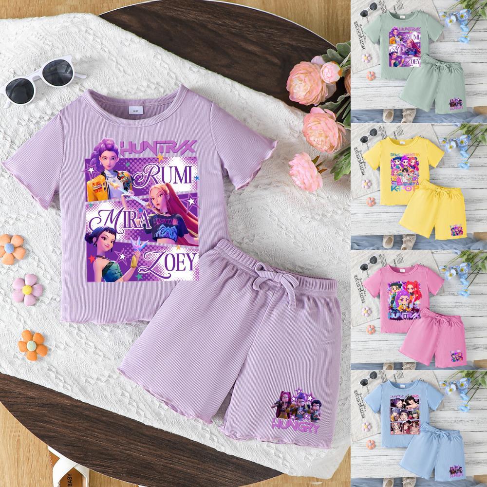 Toddler Girls Outfit Purple Graphic Print Short Sleeve T-Shirt & Shorts Set for Spring Summer Fall Casual Wear