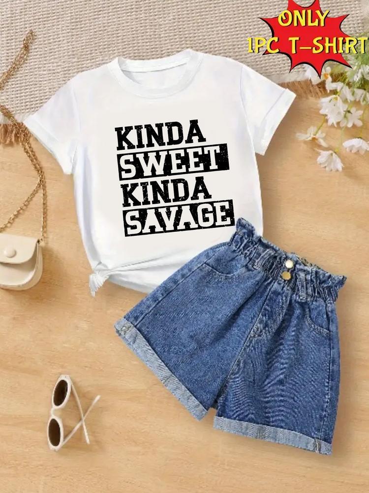 Girls Summer Fashion Creative Letter Pattern Printed Short Sleeve T-Shirt, Perfect for Outdoor Activities and Casual Comfort