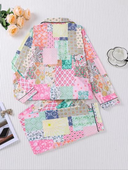 Women's Floral & Plaid Pajama Set, Long Sleeve Button Front Top, Elastic Waist Pants, Casual Fall Winter Sleepwear