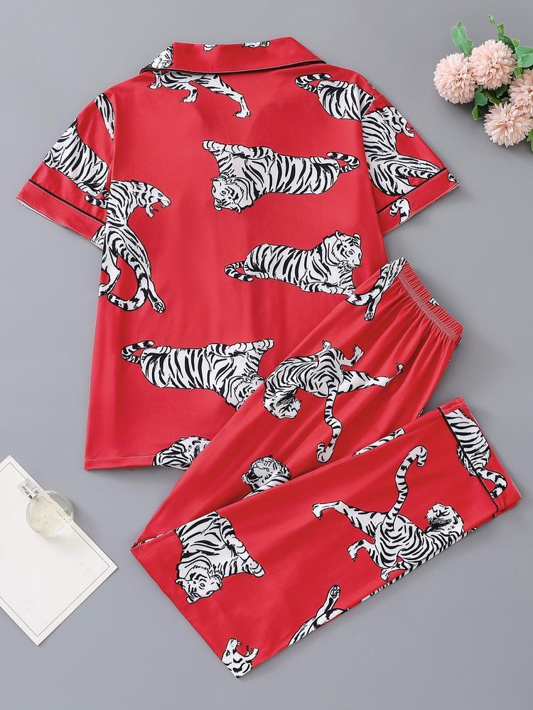 Women's Sleepwear Set, Tiger Animal Print, Elegant for Travel, Comfortable Lapel Short Sleeve Top & Wide Leg Pants, Casual Home Wear, Pajama Set