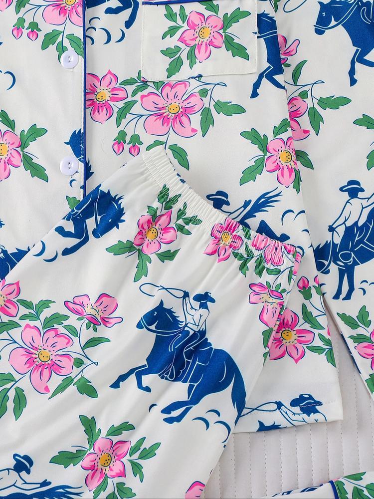 Women's Floral & Horse Print Pajama Set, Long Sleeve Button Front Top, Elastic Pants, Casual Fall Winter Sleepwear