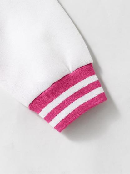 Girls Baseball Jacket Coat, Cartoon Design, Elastic Fabric Striped Trim Jacket, Fitted Style, Fall & Winter School Uniform, Outdoor Indoor Sports Wear
