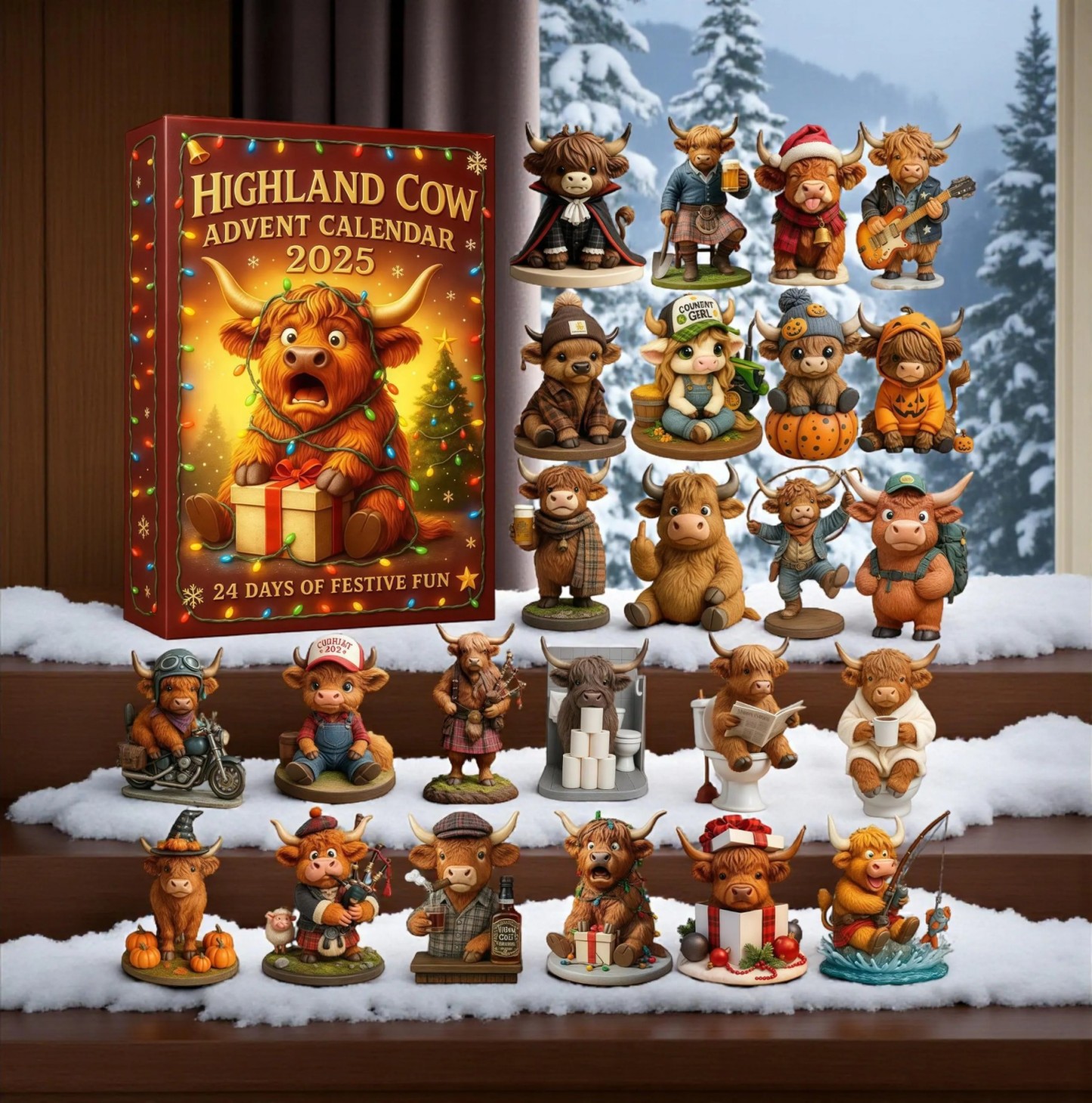 Highland Cow Advent Calendar: 24 Resin Farmhouse Christmas Figurines.