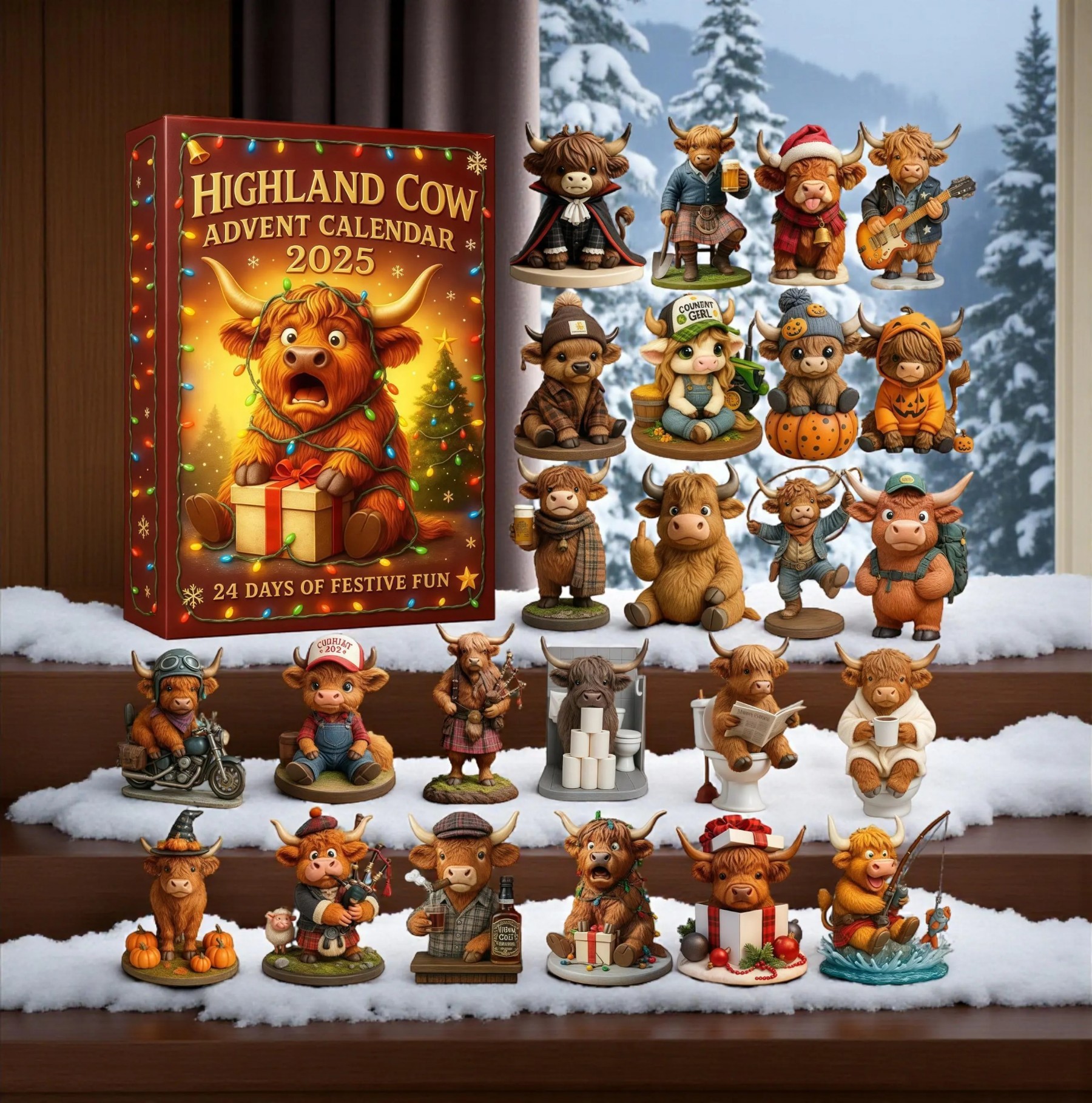 Highland Cow Advent Calendar: 24 Resin Farmhouse Christmas Figurines.