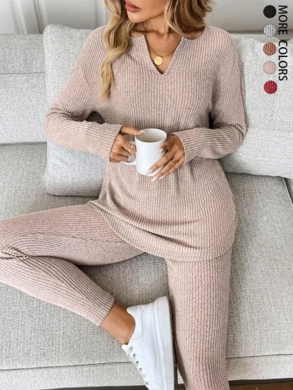 Women's Casual Plush Rib-Knit Long Sleeve T-Shirt And Leggings Set pajamas (Buy 2 Free Shipping)