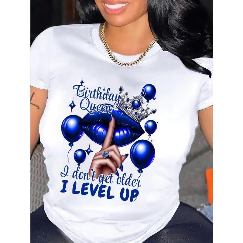 Queen's Birthday Queen Pattern T-shirt Casual round-neck T-shirt with balloon and lip print, suitable for all seasons, Allseason Top Fashion