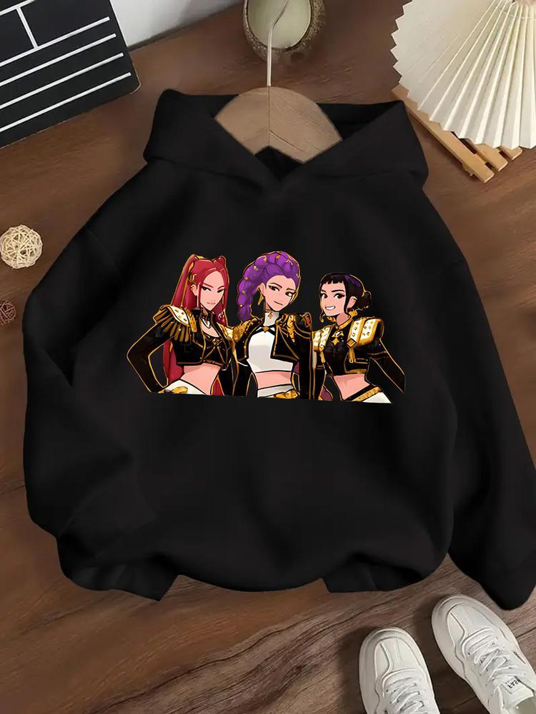 Girls' Spring & Fall Fashion Hoodie, Creative Anime Print Long Sleeve Pullover, Casual Comfortable Trendy Sweatshirt