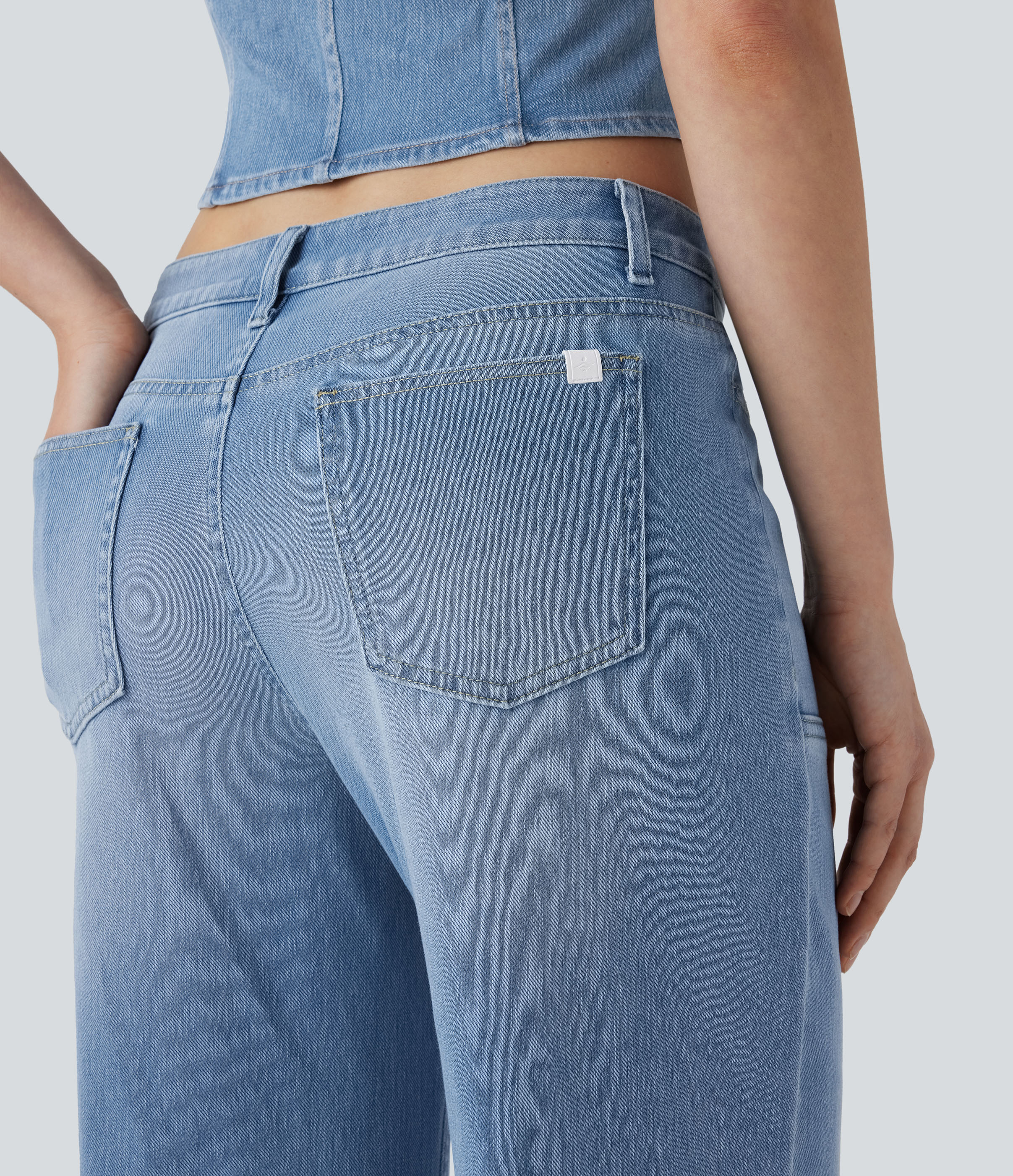 FlexLow Rise Zipper Pockets Baggy Wide Leg Flare Washed Casual Jeans