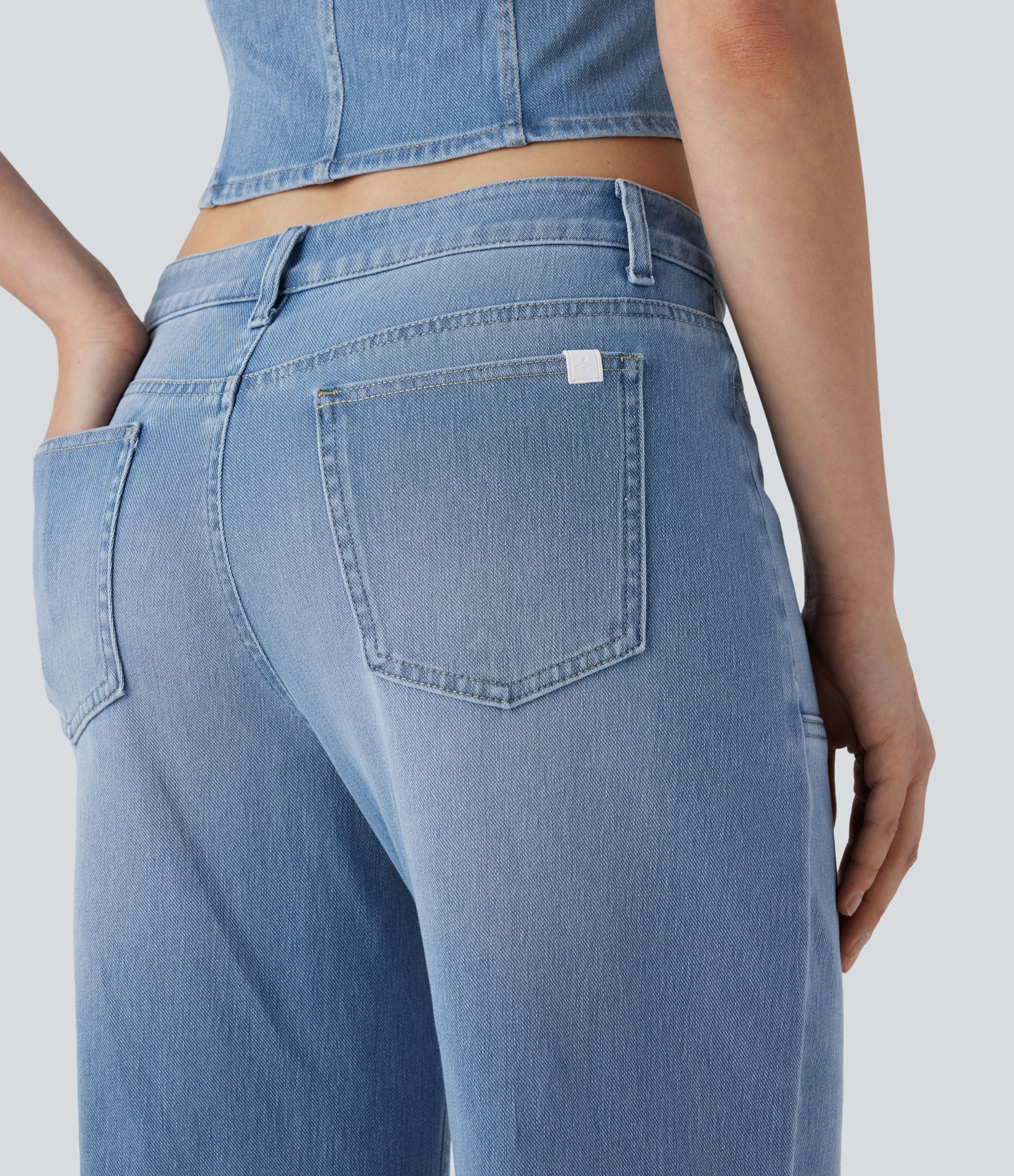 FlexLow Rise Zipper Pockets Baggy Wide Leg Flare Washed Casual Jeans