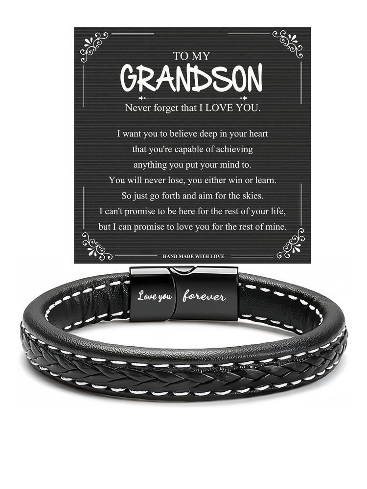 Christmas & Birthday Gifts for Grandson, Artificial Leather Braid Design Bracelet, Casual Style Jewelry with Gift Card Included