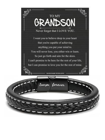 Christmas & Birthday Gifts for Grandson, Artificial Leather Braid Design Bracelet, Casual Style Jewelry with Gift Card Included