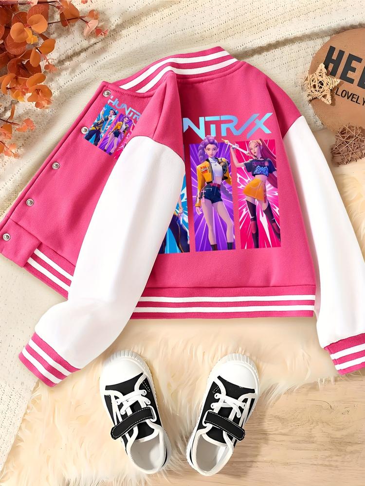 KPOP-Huntress Girl Group  Girls Short Baseball Jacket with Cartoon Design, Fitted Activewear for Kids, Elastic Fabric for Fall & Winter, Trendy School Uniform for Halloween