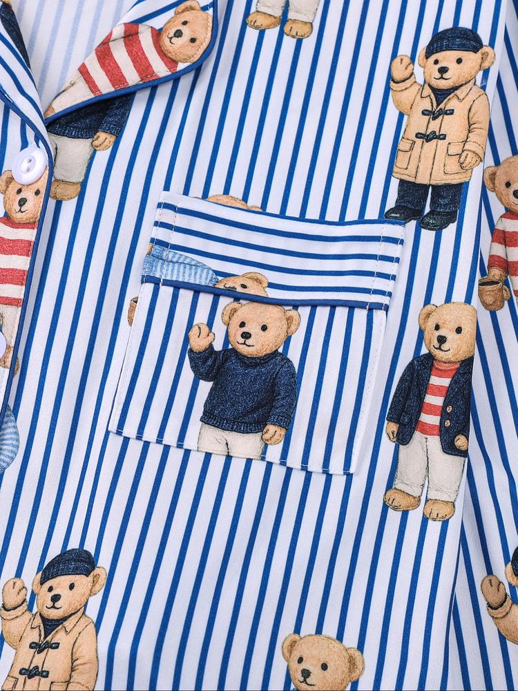 Women's Fall Winter Home Set, Cute Bear Print Pajamas, Casual Long Sleeve Shirt & Elastic Pants, Soft Stretch Fabric, Comfortable