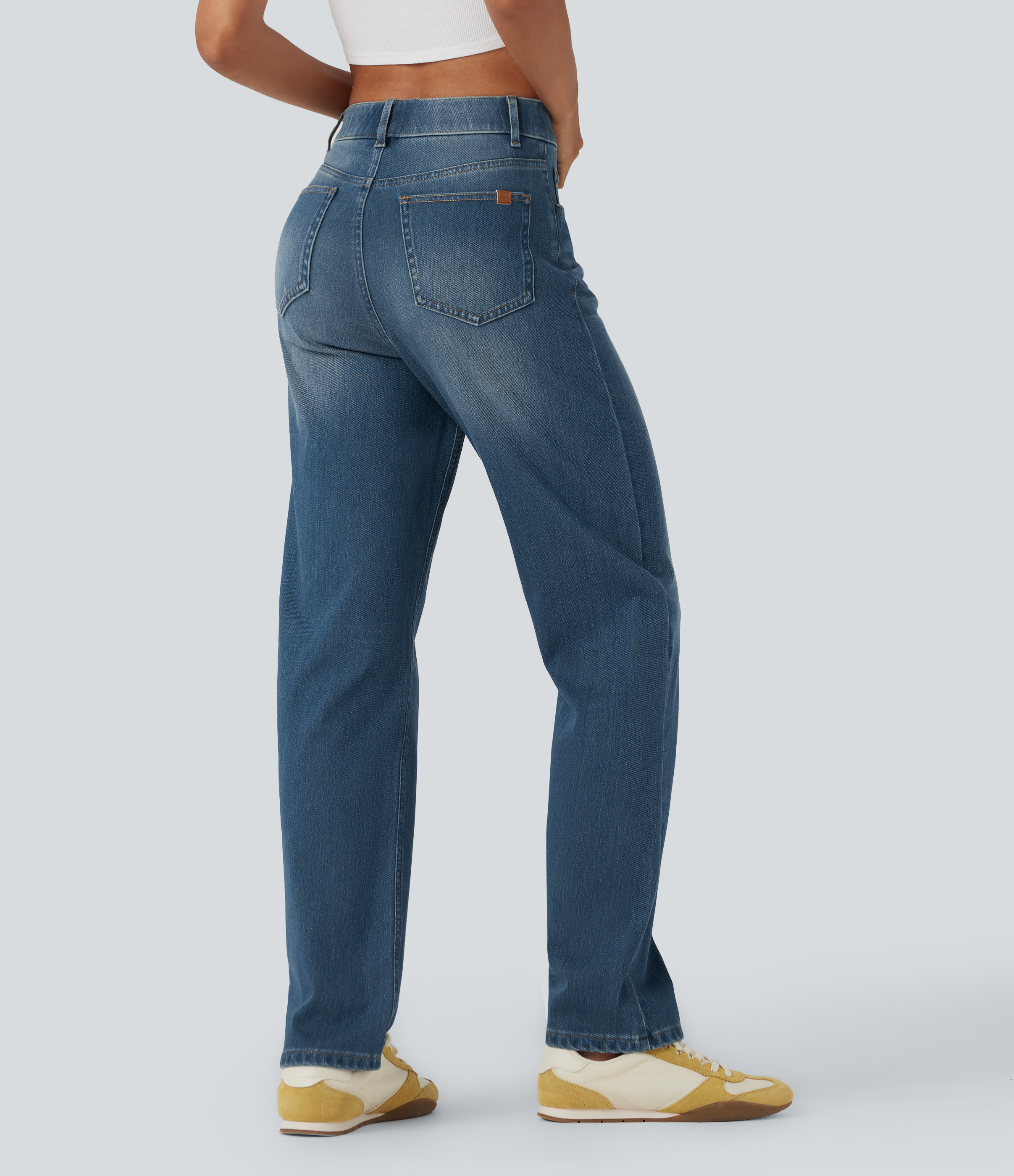 FlexHigh Waisted Pockets Straight Leg Washed Casual Jeans