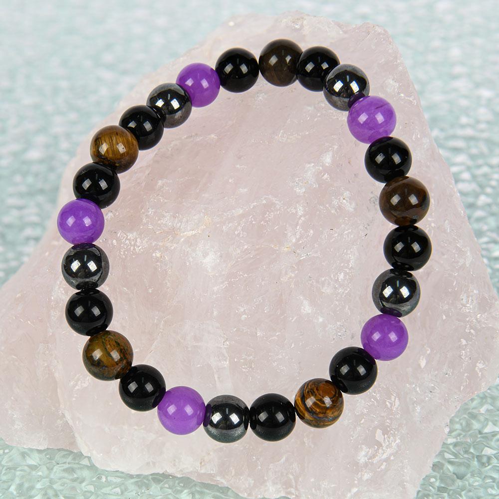 1pc Natural Tiger Eye & Amethyst Beaded Bracelet, Elastic Protection Crystal Bracelet For Men And Women, Unscented Solid Jewelry Gift