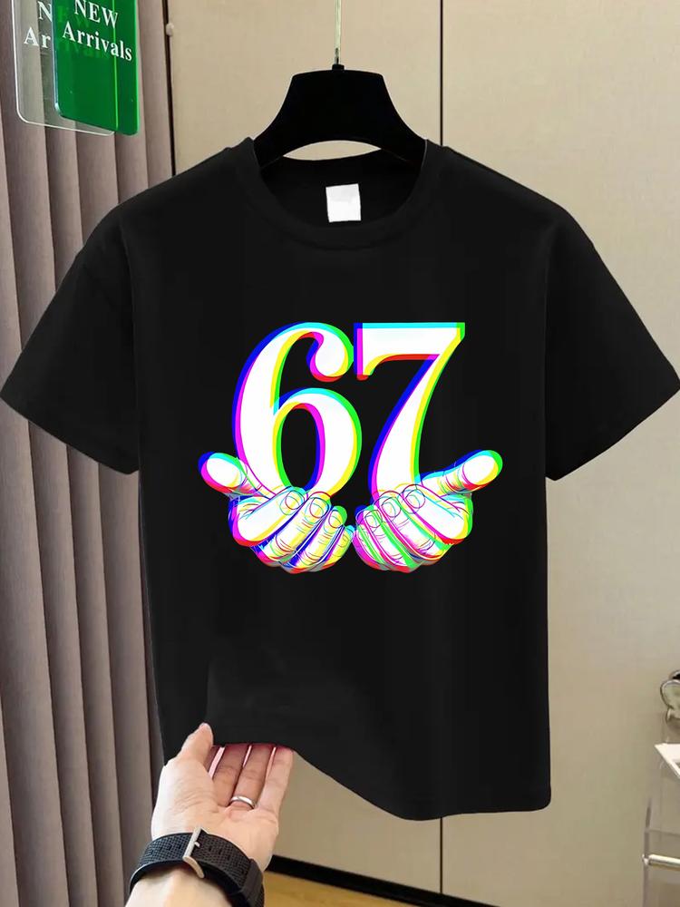 Boys Summer Fashion Creative Six Seven Series Colorful Number 67 Print Short Sleeve T-Shirt, Soft Fitted Casual Top for Kids