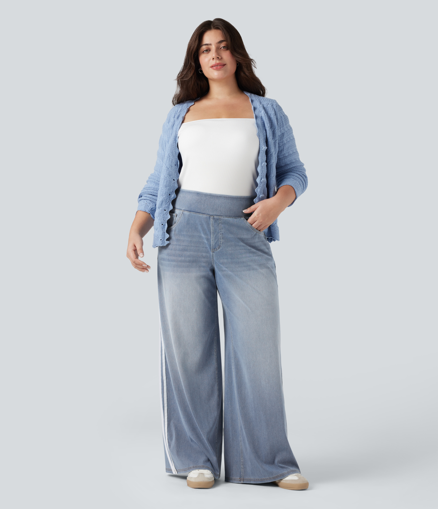 Plus Size FlexHigh Waisted Stripe Wide Leg Flowy Washed Casual Jeans with Pockets