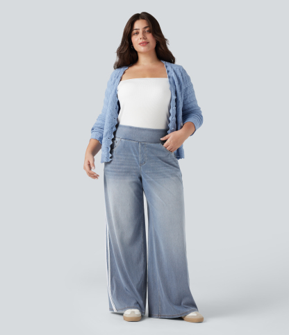 Plus Size FlexHigh Waisted Stripe Wide Leg Flowy Washed Casual Jeans with Pockets